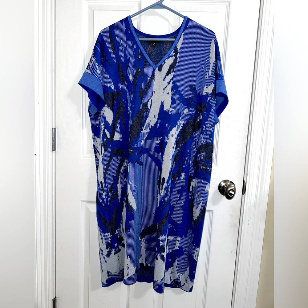 Ming Wang Blue Black Gray Abstract Midi Dress